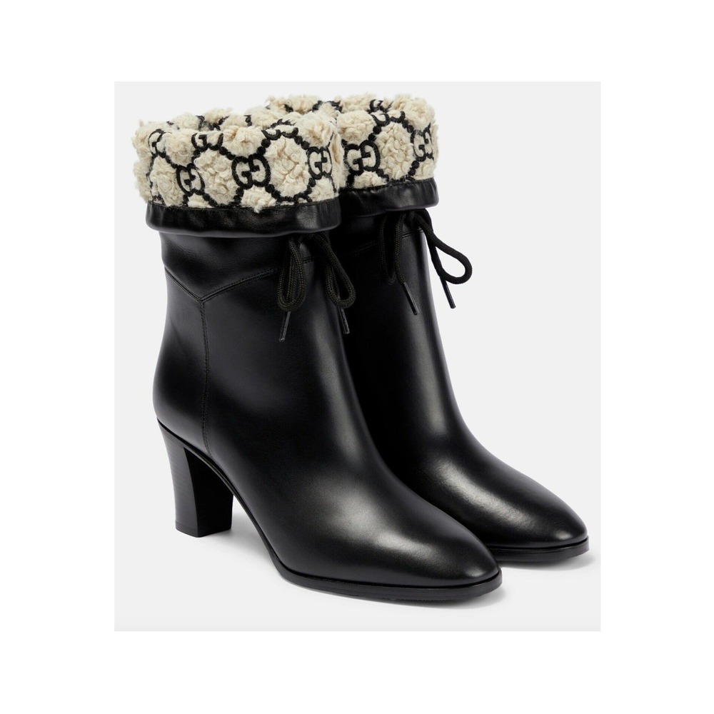 Gucci‎ GG Shearling Leather Fold Over Ankle Boots Nero 37.5